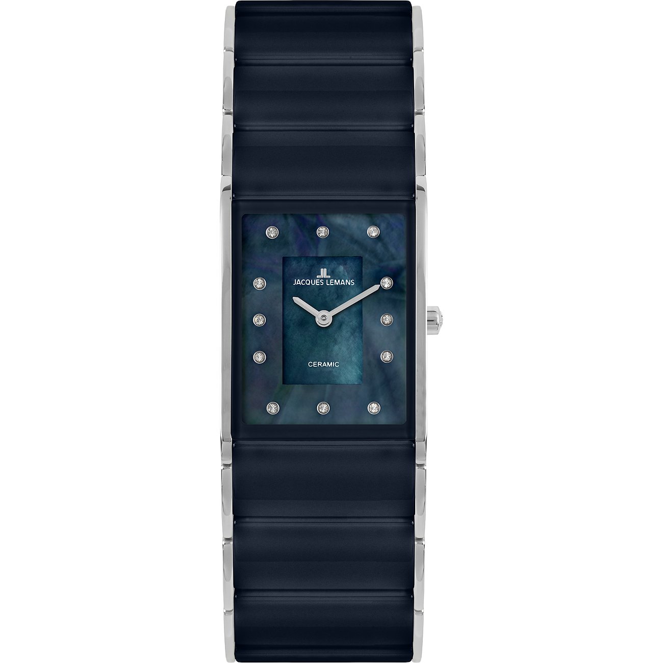 Jacques Lemans Damenuhr aus Edelstahl mit rechteckigem Zifferblatt in tiefem Blau und glitzernden Schmucksteinen.