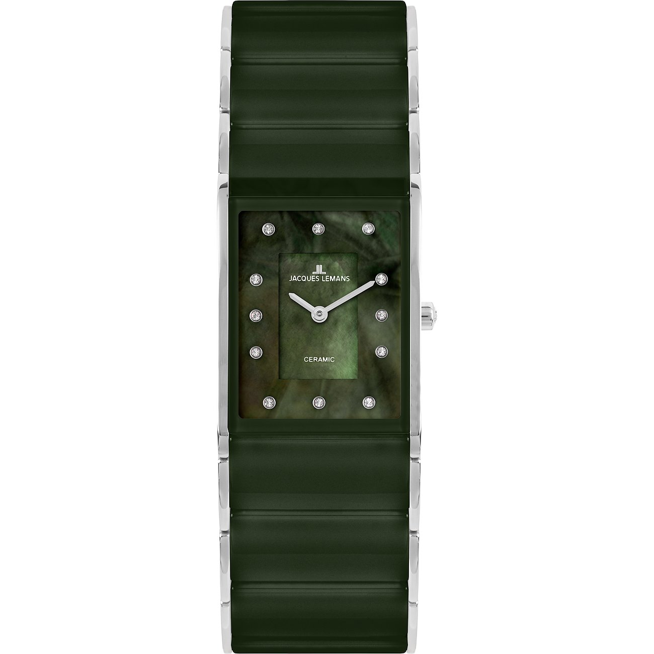 Jacques Lemans Damenuhr: Edelstahl, rechteckiges dunkelgrünes Keramikarmband, schimmerndes Zifferblatt mit Schmucksteinen.