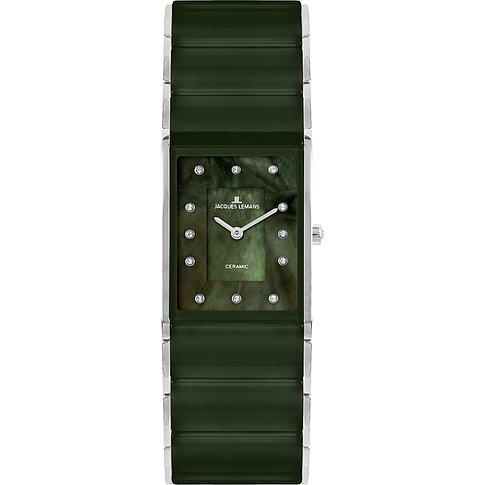 Jacques Lemans dameshorloge: RVS, rechthoekige donkergroene keramische band, glanzende wijzerplaat met sierstenen.
