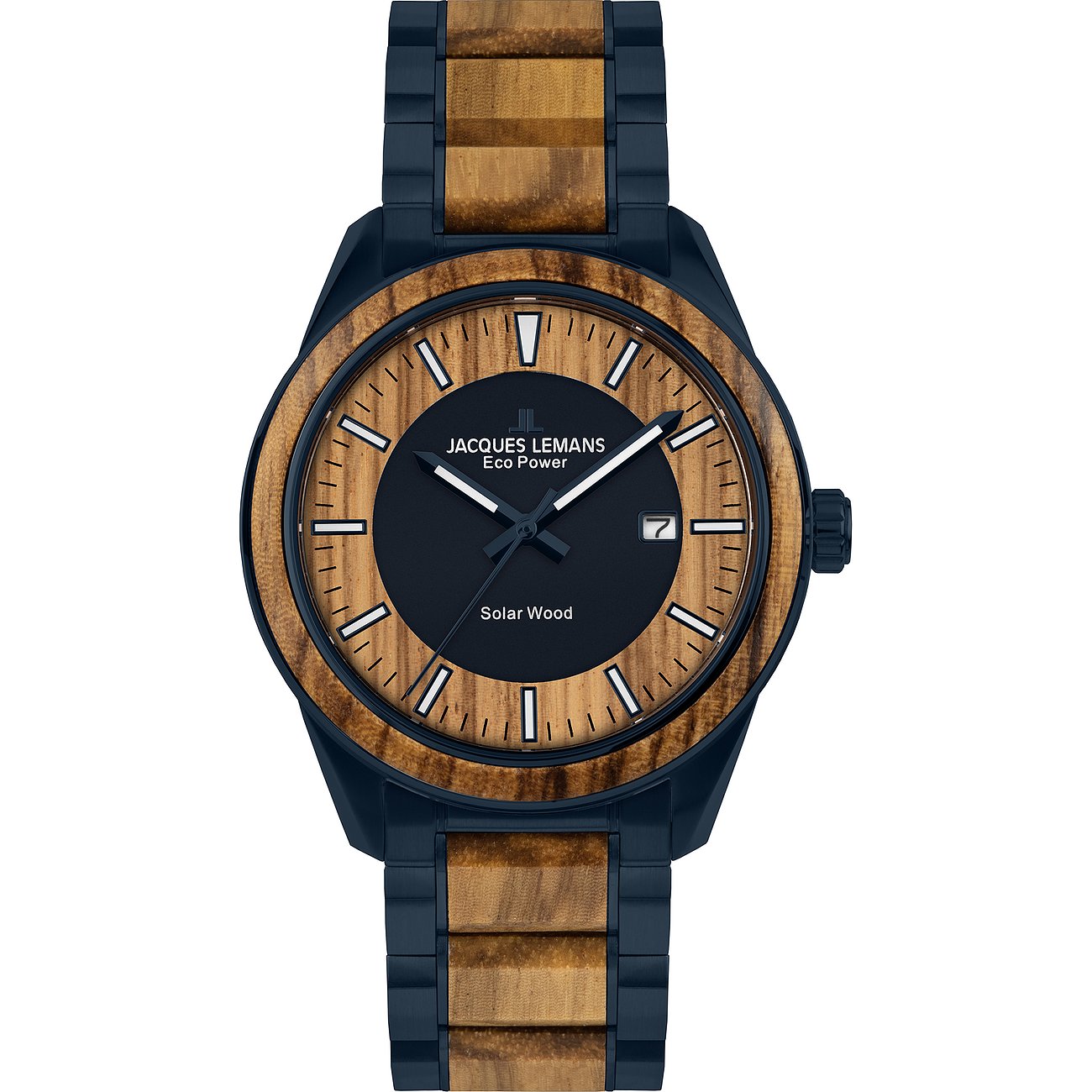 Jacques Lemans herenhorloge: blauwe rvs kast, houten lunette, zwarte wijzerplaat, houten elementen aan de band.