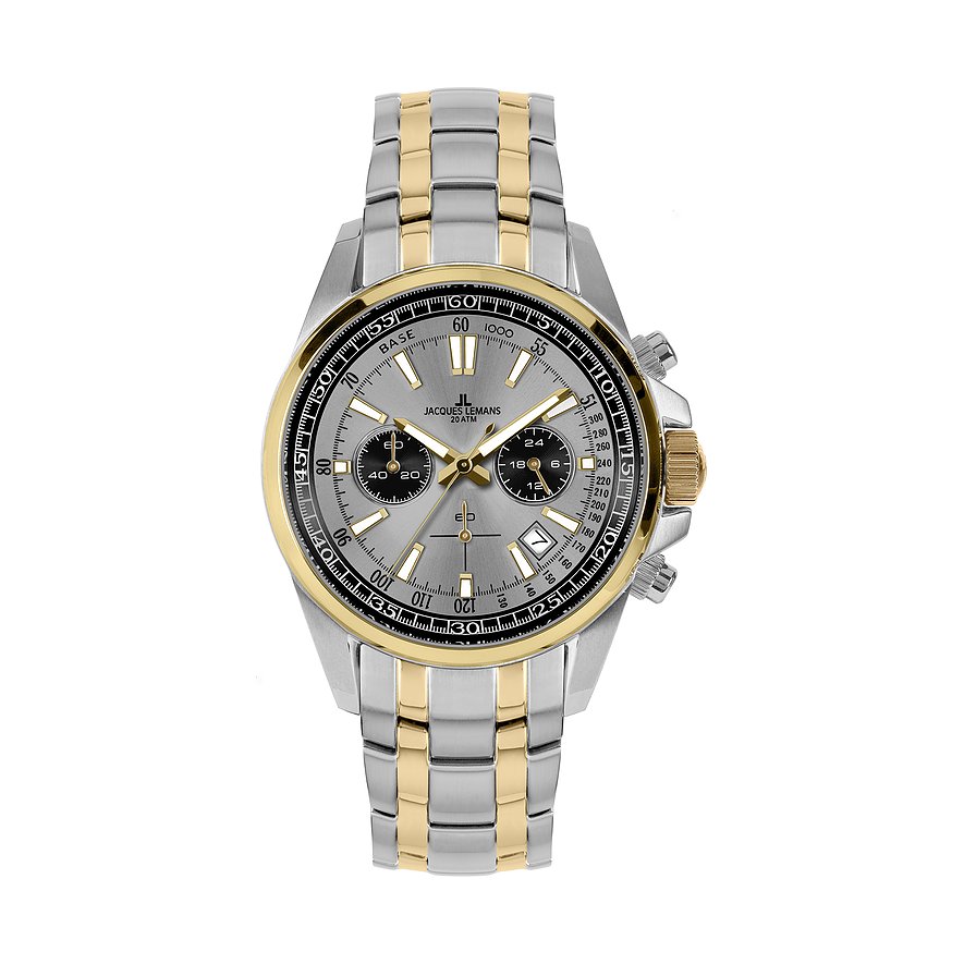 Jacques Lemans herrklocka i rostfritt stål med silverfärgad urtavla och guldfärgade accenter, frontvy.