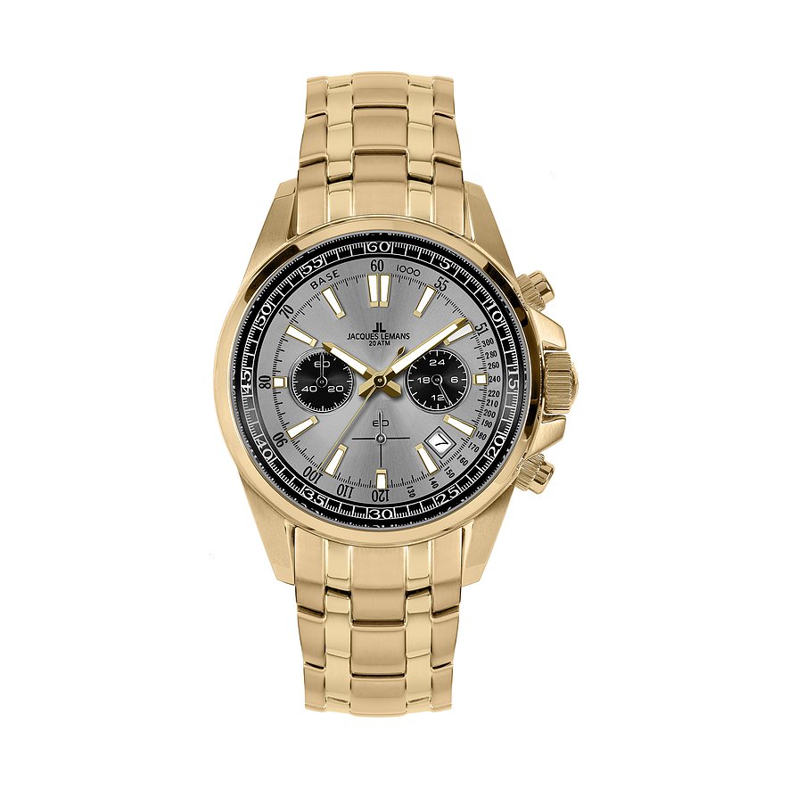 Jacques Lemans herrklocka i guldfärgat rostfritt stål framifrån, med silverfärgad urtavla och kronograffunktioner.