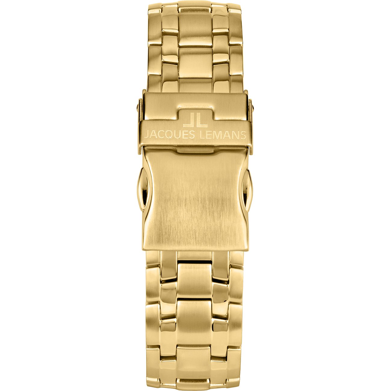 Jacques Lemans herrklocka i guldfärgat rostfritt stål. Klockarmbandets lås sett mitt framifrån ovan.