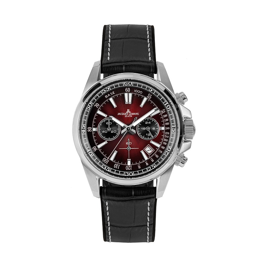 Jacques Lemans Herrenuhr aus Edelstahl mit dunklem Zifferblatt und schwarzem Lederarmband.