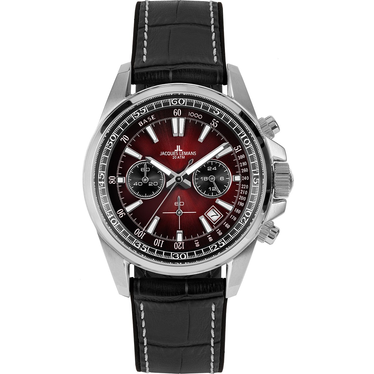 Jacques Lemans Herrenuhr aus Edelstahl mit dunklem Zifferblatt und schwarzem Lederarmband.