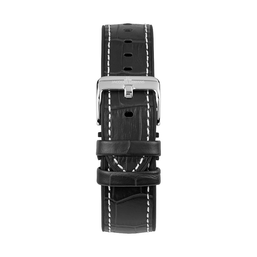 Jacques Lemans Herrenuhr: schwarzes Lederarmband (Krokodilprägung, weiße Naht), Edelstahl-Dornschließe mit Logo.