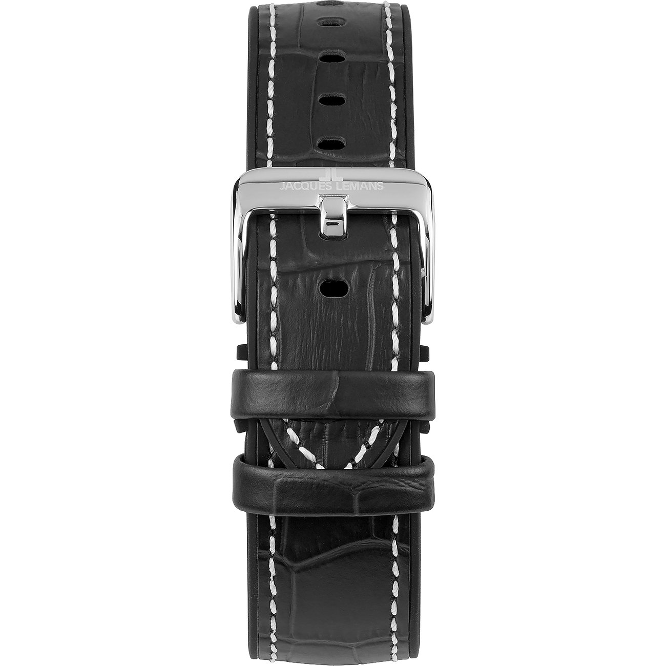 Jacques Lemans Herrenuhr: schwarzes Lederarmband (Krokodilprägung, weiße Naht), Edelstahl-Dornschließe mit Logo.