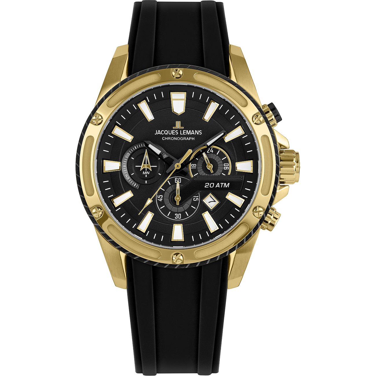 Jacques Lemans herrklocka: guldfärgat rostfritt stål, svart silikonarmband och svart urtavla.