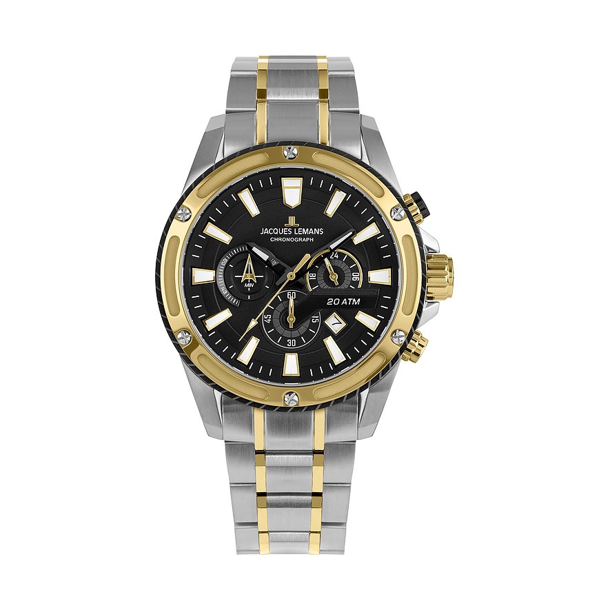Jacques Lemans Herrenuhr aus Edelstahl in Gold- und Silberfarben mit schwarzem Zifferblatt und Chronograph.