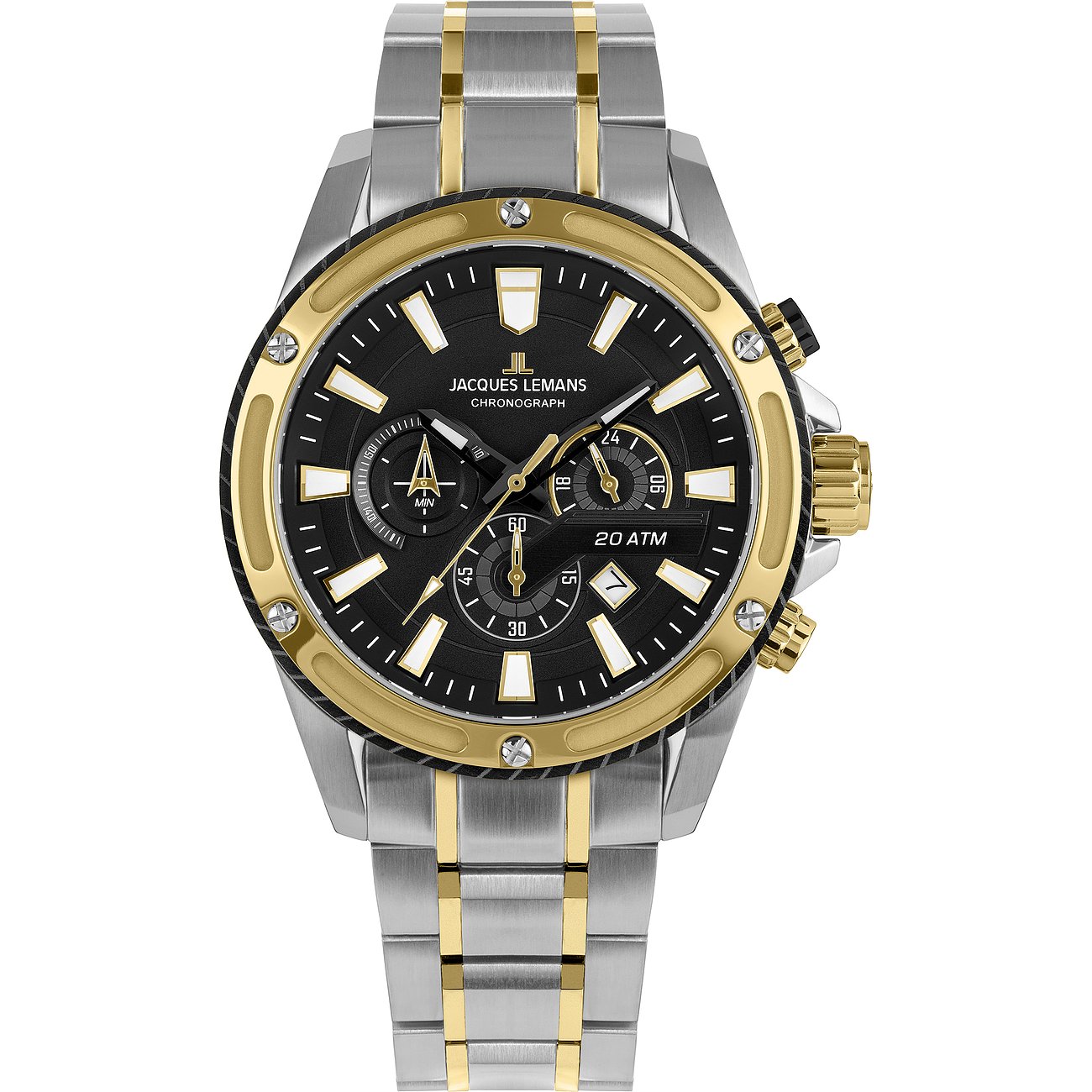 Jacques Lemans Herrenuhr aus Edelstahl in Gold- und Silberfarben mit schwarzem Zifferblatt und Chronograph.
