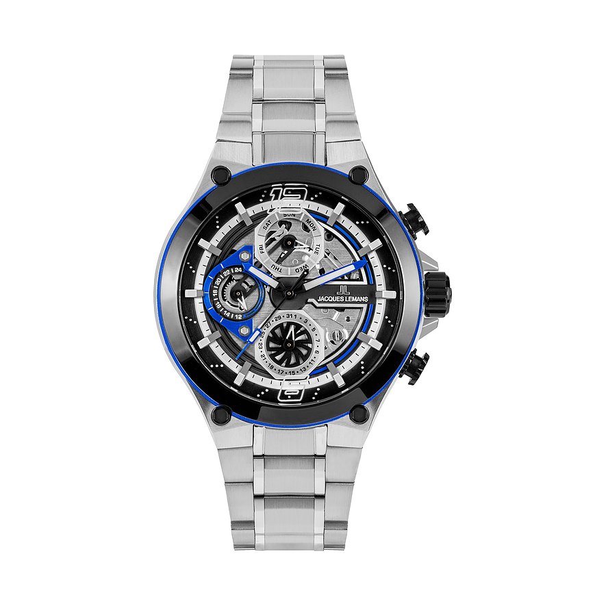 Montre homme Jacques Lemans en acier inoxydable, boîtier argenté, cadran noir, accents bleus, vue de face.