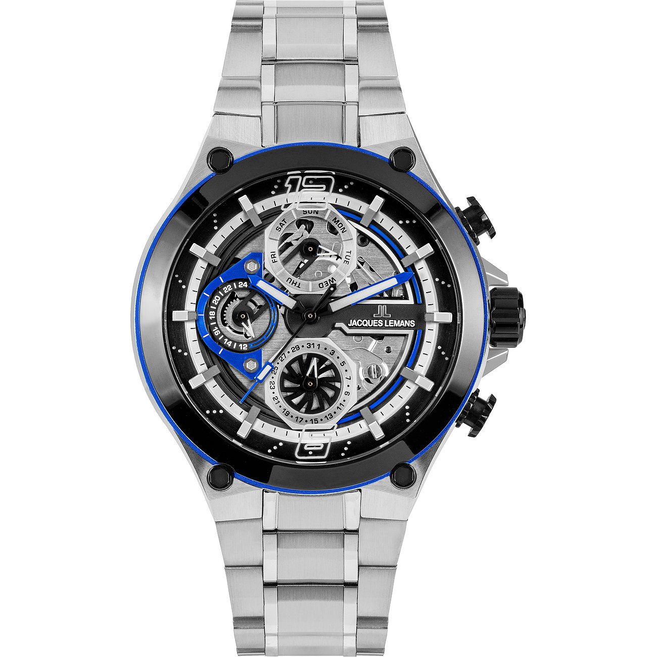 Montre homme Jacques Lemans en acier inoxydable, boîtier argenté, cadran noir, accents bleus, vue de face.