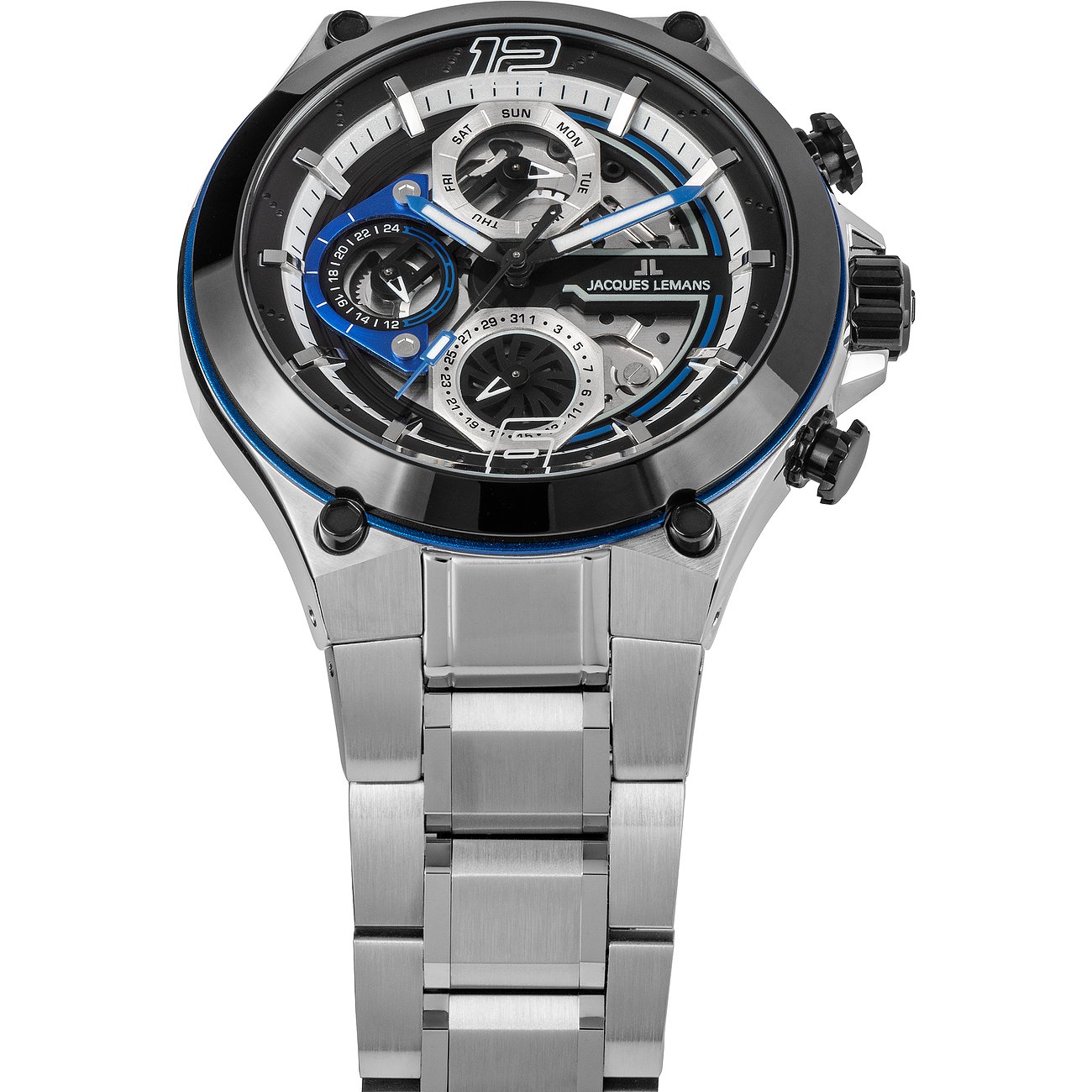 Montre homme Jacques Lemans en acier inoxydable, accents bleus, cadran noir et fonctions chronographe.