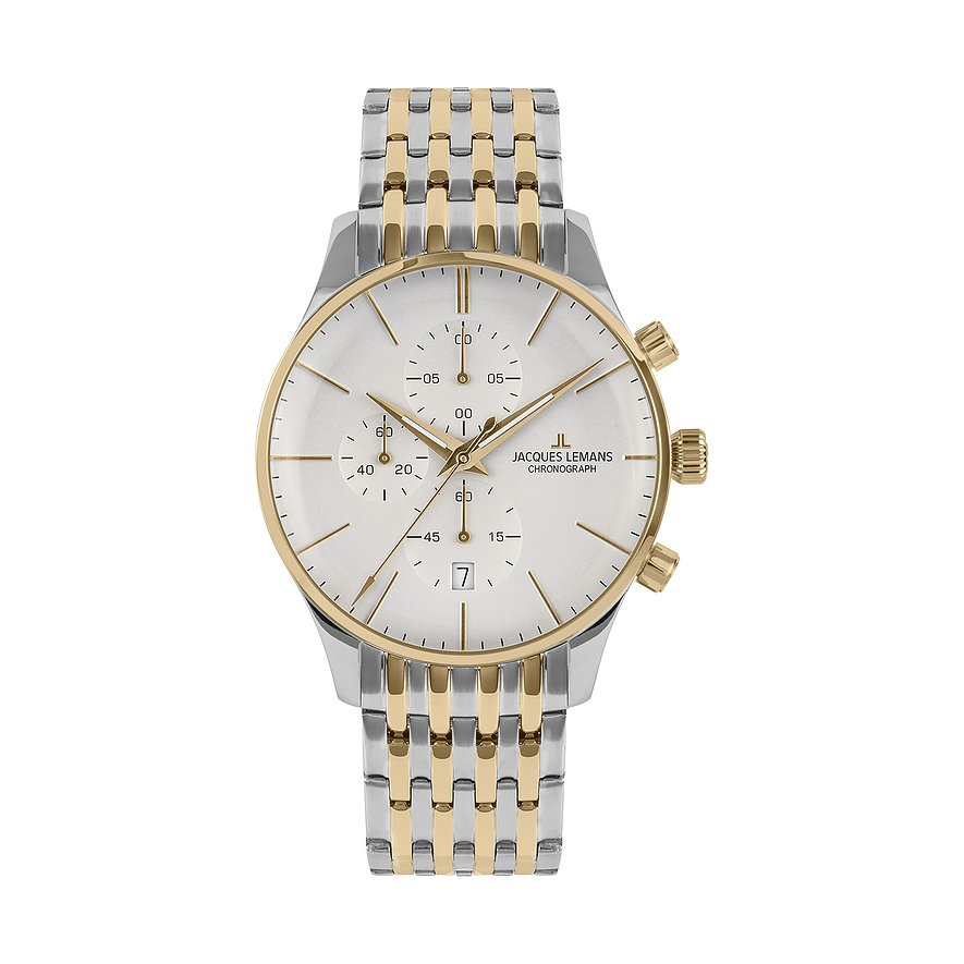 Jacques Lemans Herrenuhr aus Edelstahl mit silber-goldenem Armband und weißem Zifferblatt, schräg von oben.