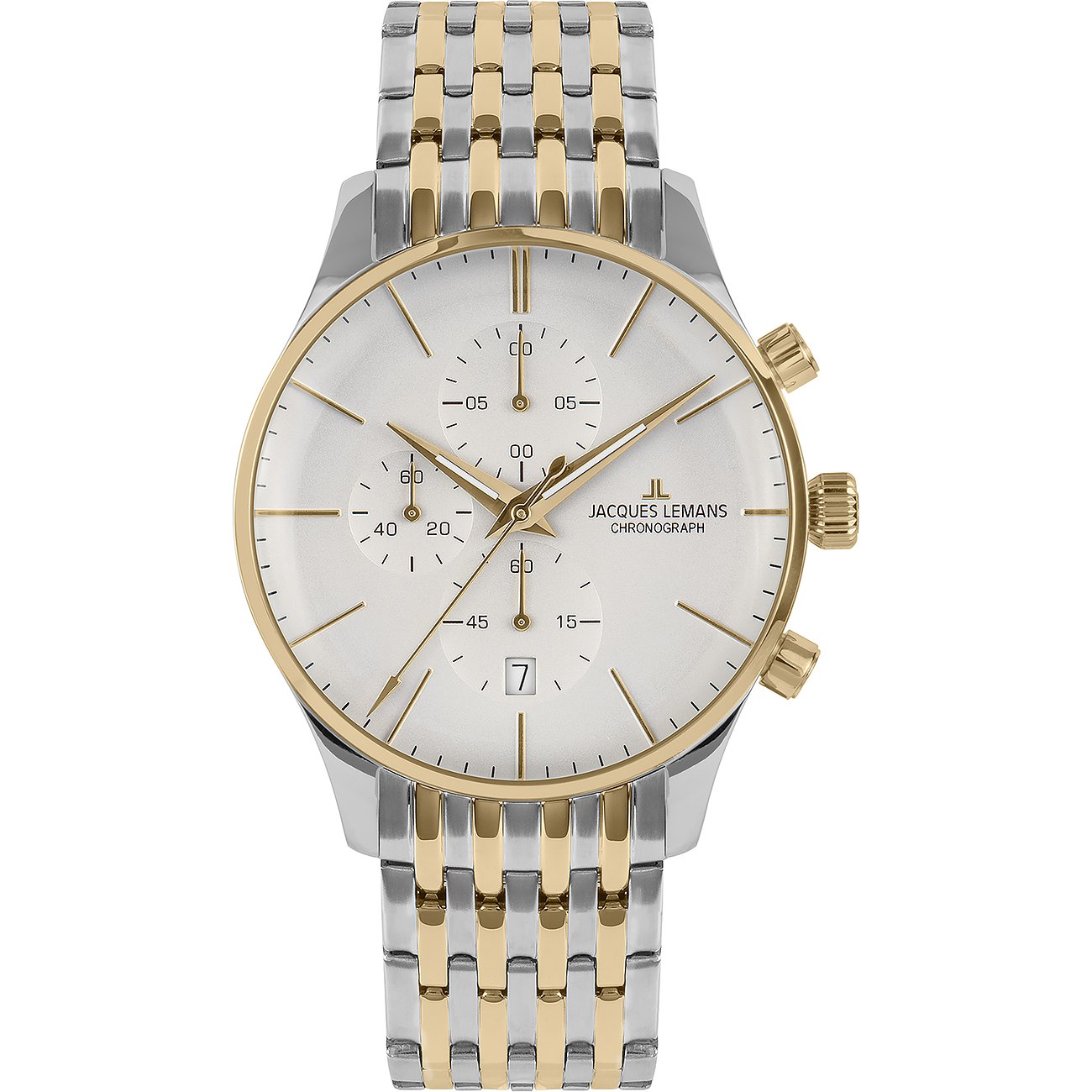 Jacques Lemans Herrenuhr aus Edelstahl mit silber-goldenem Armband und weißem Zifferblatt, schräg von oben.