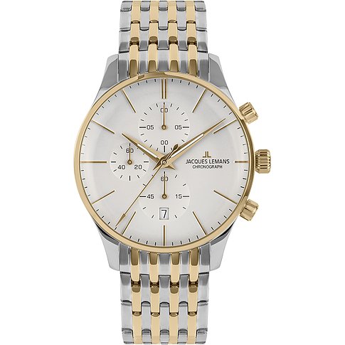Jacques Lemans herenhorloge, roestvrij staal, zilver-gouden band en witte wijzerplaat, schuin van bovenaf.