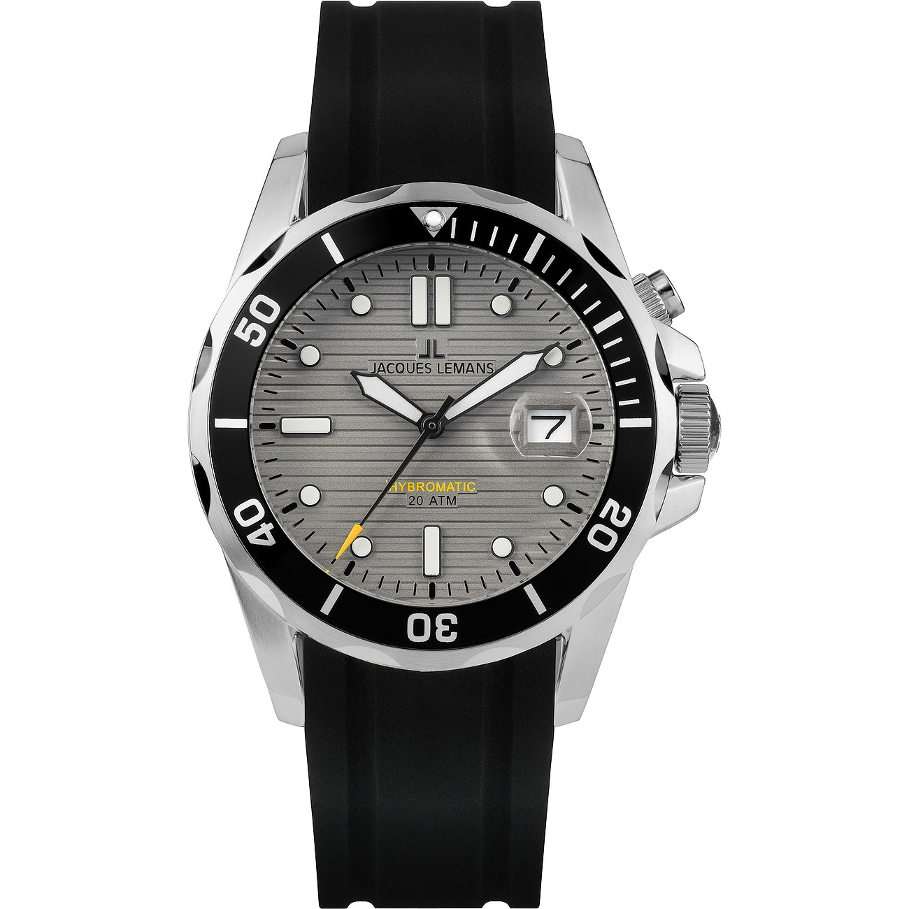 Jacques Lemans Herrenuhr aus Edelstahl mit grauem Zifferblatt, schwarzem Armband und schwarzer Lünette.
