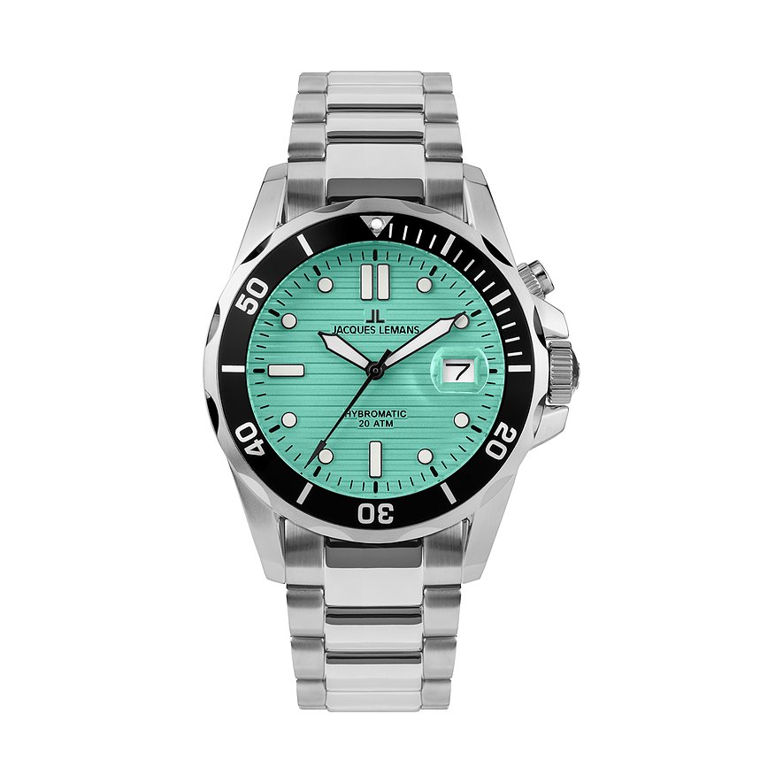 Jacques Lemans Herrenuhr aus Edelstahl mit mintfarbenem Zifferblatt und schwarzer Lünette, frontal vor weißem Hintergrund.