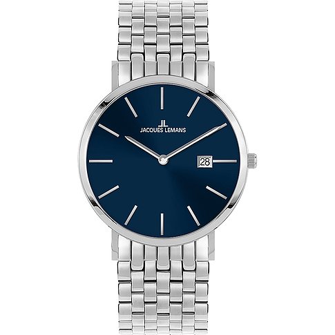 Jacques Lemans unisex horloge, RVS, blauwe wijzerplaat, zilveren indexen, datumaanduiding en schakelarmband.