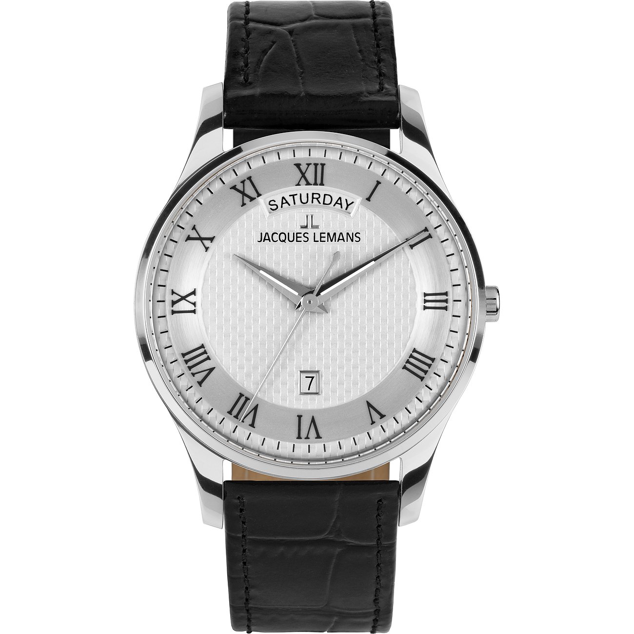 Jacques Lemans Herrenuhr aus Edelstahl mit weißem Zifferblatt und römischen Ziffern, Ansicht von oben.