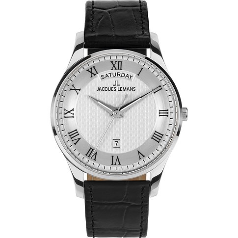 Jacques Lemans herenhorloge, RVS, witte wijzerplaat met Romeinse cijfers, bovenaanzicht.