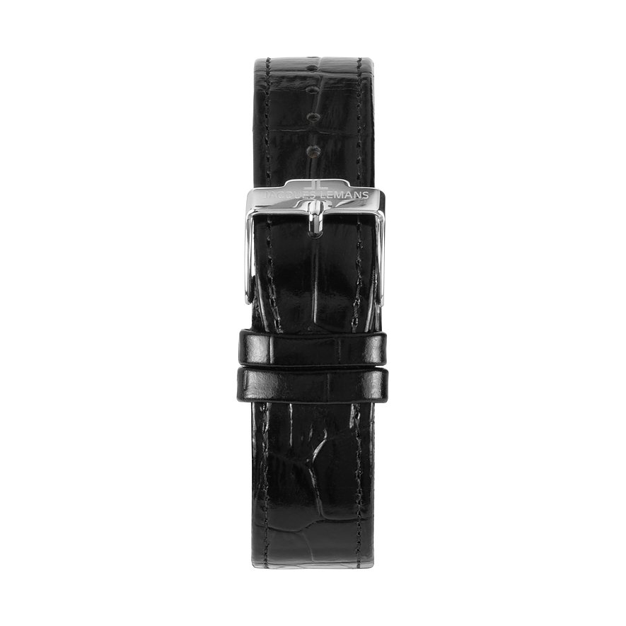 Jacques Lemans Herrenuhr mit schwarzem Krokoprägung-Armband aus glänzendem Edelstahl.