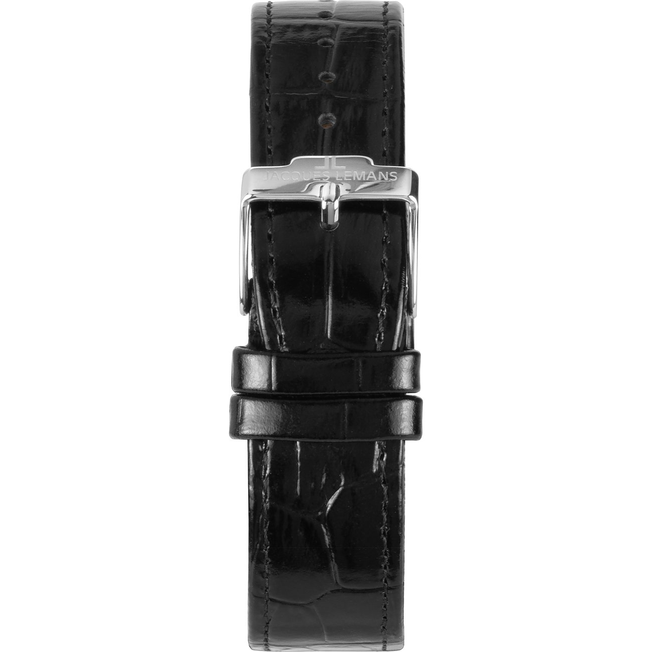 Jacques Lemans Herrenuhr mit schwarzem Krokoprägung-Armband aus glänzendem Edelstahl.