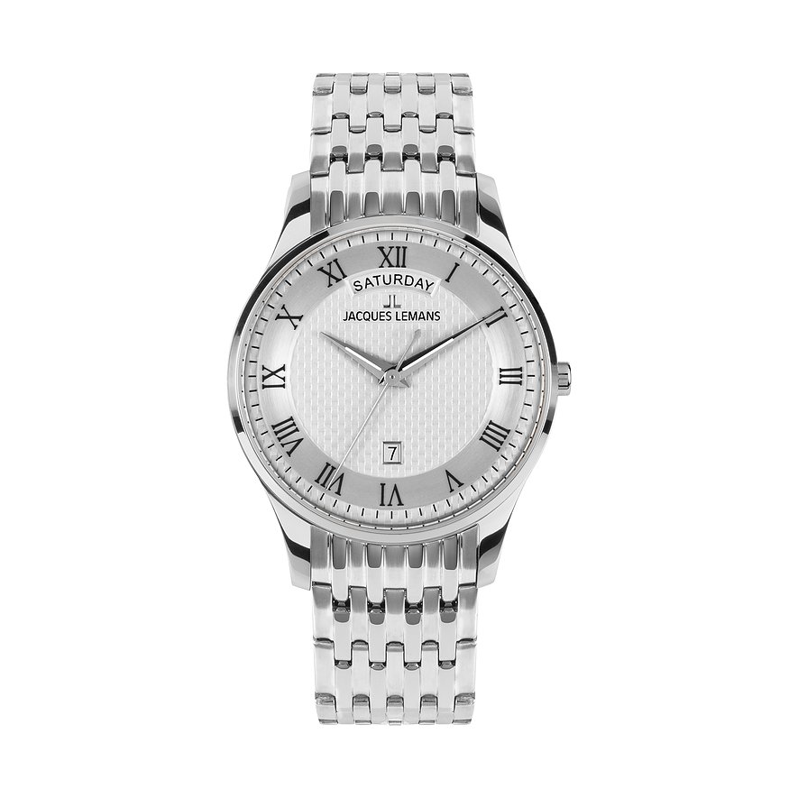Jacques Lemans Herrenuhr aus silberfarbenem Edelstahl mit weißem Zifferblatt und römischen Ziffern.