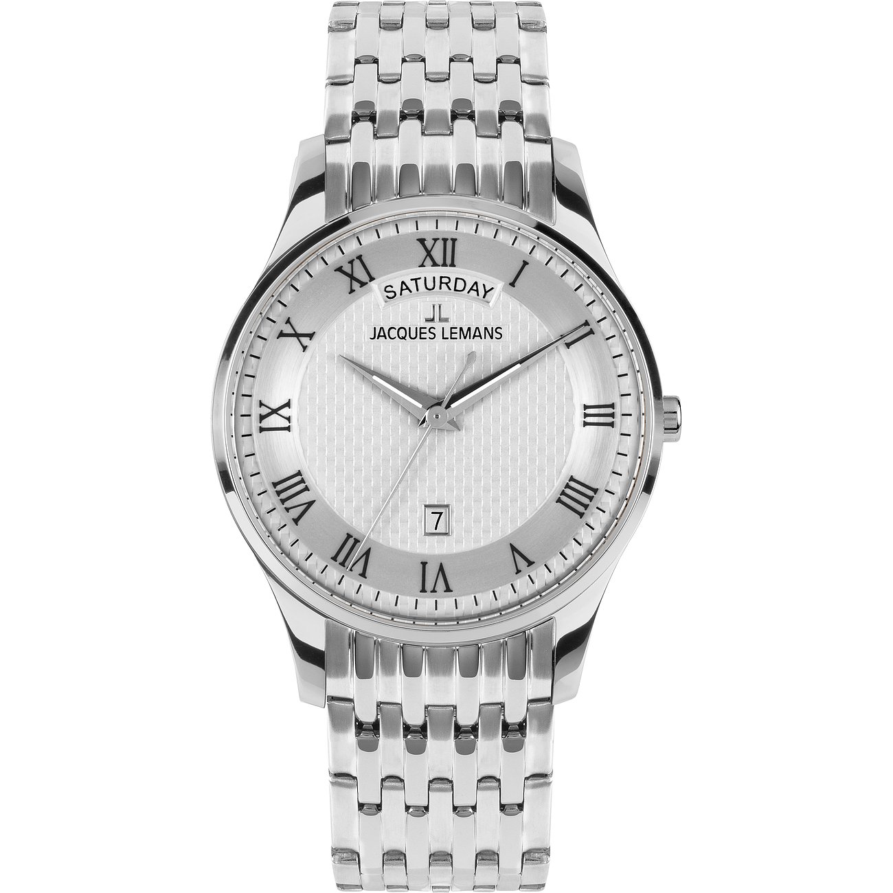 Jacques Lemans Herrenuhr aus silberfarbenem Edelstahl mit weißem Zifferblatt und römischen Ziffern.