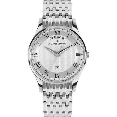 Jacques Lemans herenhorloge van zilverkleurig roestvrij staal met witte wijzerplaat en Romeinse cijfers.