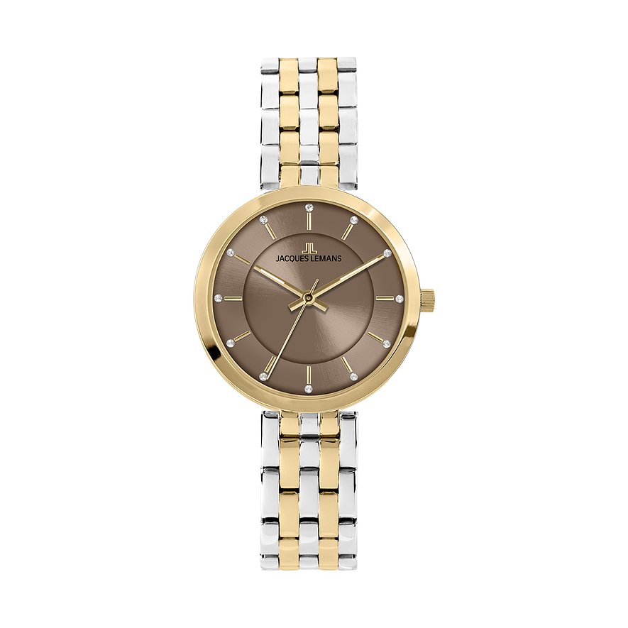 Orologio da donna Jacques Lemans in acciaio inossidabile con bracciale lucido color oro e argento e quadrante marrone.