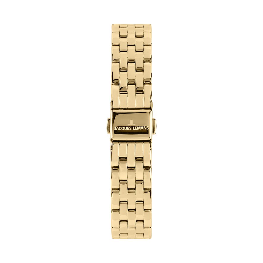 Jacques Lemans Damen Armbanduhr in Gold aus Edelstahl, Ansicht des schmalen, goldenen Gliederarmbands mit Schließe.