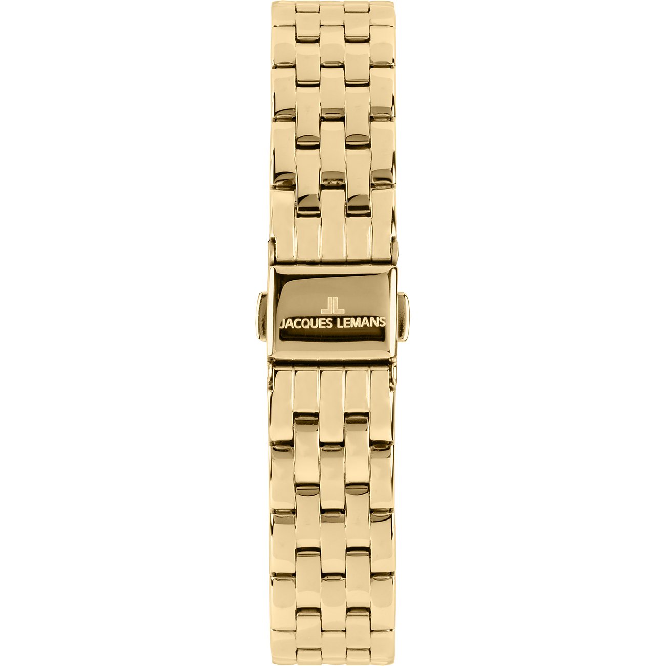 Jacques Lemans Damen Armbanduhr in Gold aus Edelstahl, Ansicht des schmalen, goldenen Gliederarmbands mit Schließe.