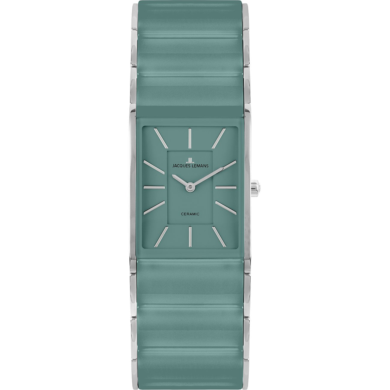 Jacques Lemans Damenuhr aus Edelstahl mit rechteckigem Zifferblatt und grünem Keramikarmband
