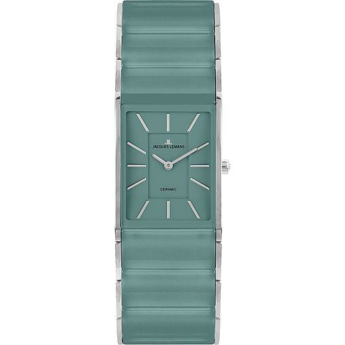 Jacques Lemans Damenuhr aus Edelstahl mit rechteckigem Zifferblatt und grünem Keramikarmband