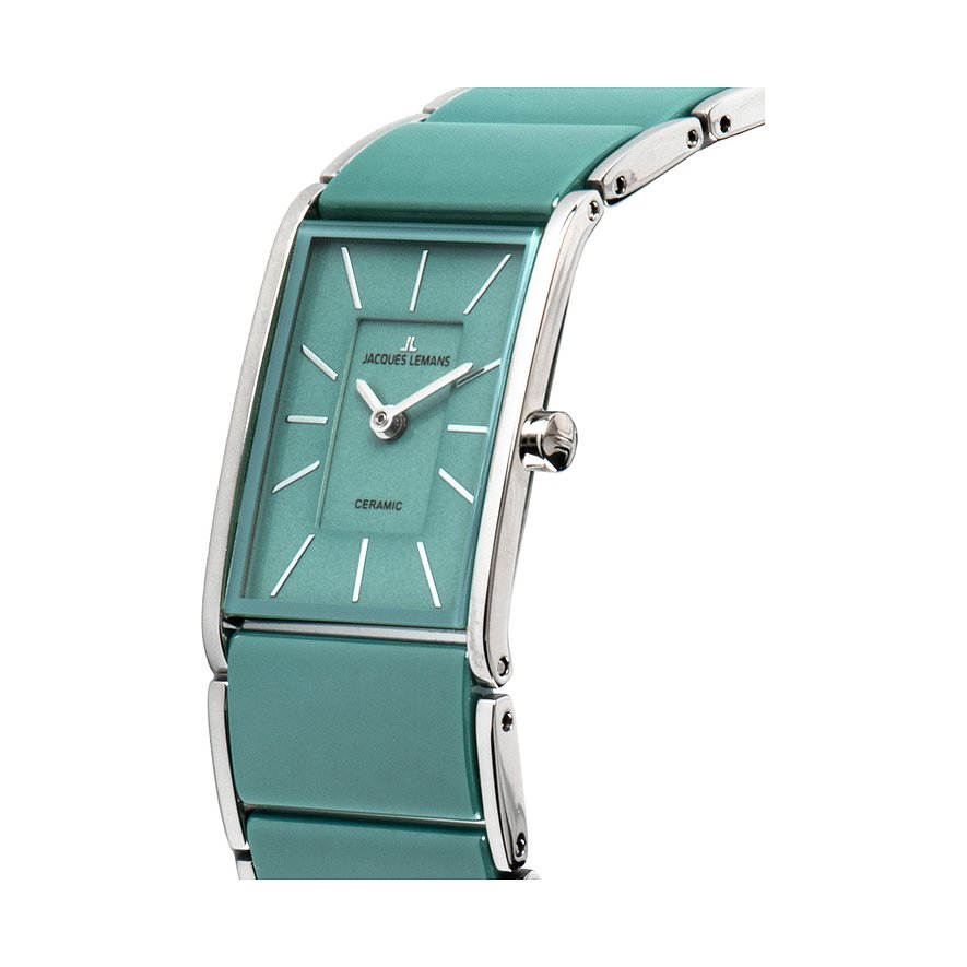 Jacques Lemans Damenuhr aus Edelstahl mit rechteckigem Zifferblatt und türkisfarbenem Keramikarmband