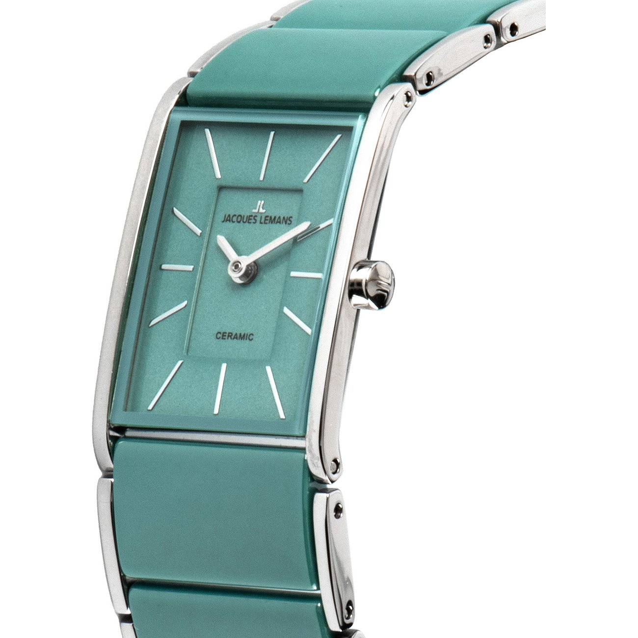 Jacques Lemans Damenuhr aus Edelstahl mit rechteckigem Zifferblatt und türkisfarbenem Keramikarmband