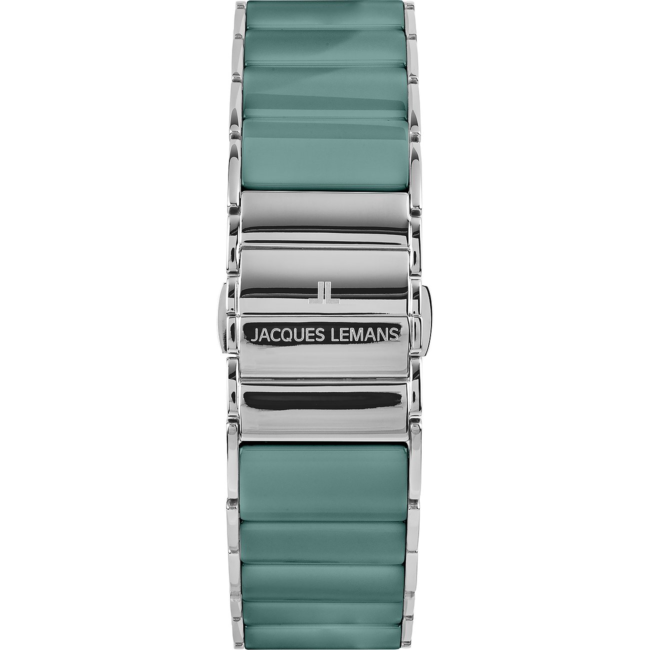Jacques Lemans Damenarmbanduhr aus Edelstahl mit einem mintgrünen Gliederarmband, der Verschluss zeigt das Markenlogo.