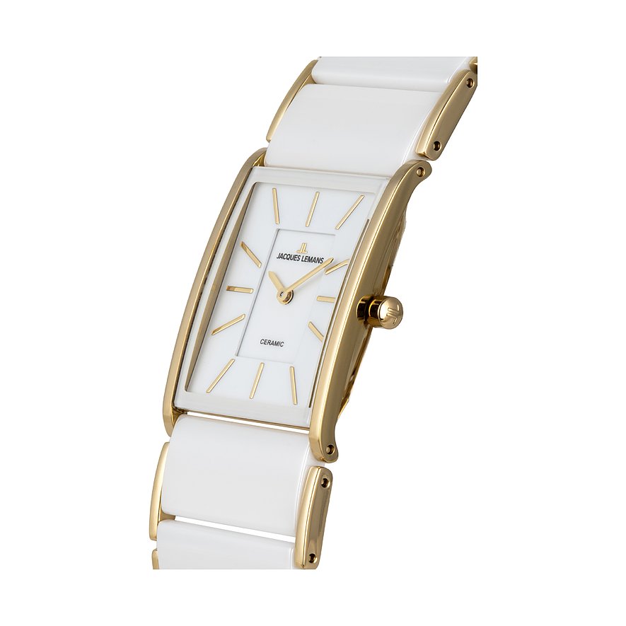 Jacques Lemans Damenuhr aus goldfarbenem Edelstahl mit weißem Armband und rechteckigem Zifferblatt.