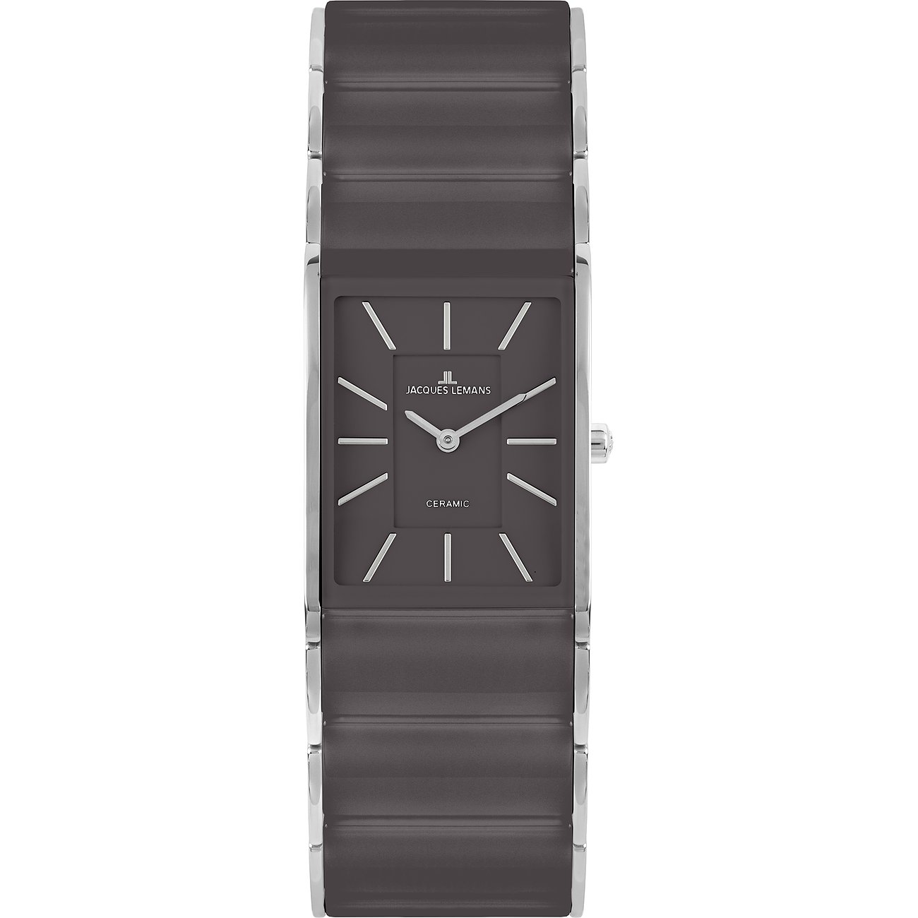 Jacques Lemans Damenuhr aus Edelstahl mit rechteckigem, dunkelgrauem Zifferblatt und passendem Armband.