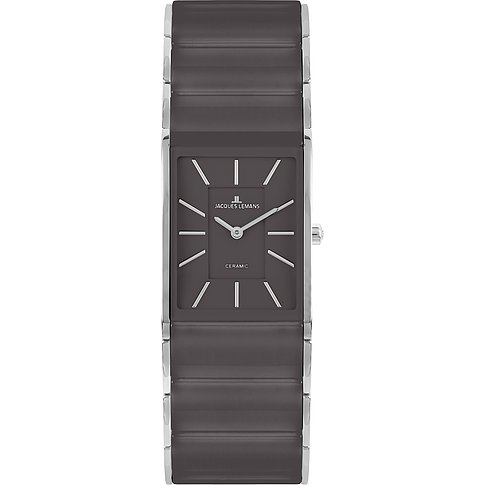 Jacques Lemans dameshorloge van roestvrij staal met rechthoekige, donkergrijze wijzerplaat en passende band.