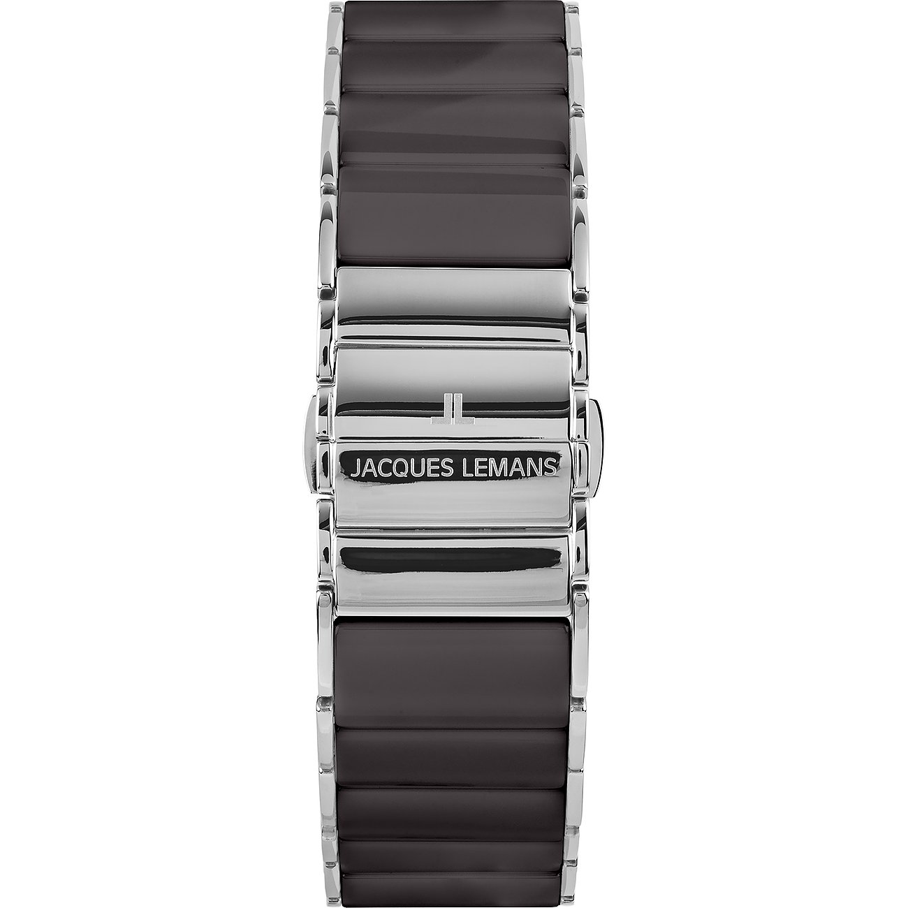 Jacques Lemans Damenuhr-Armband aus glänzendem Edelstahl und braunem Material mit Logo auf dem Verschluss.