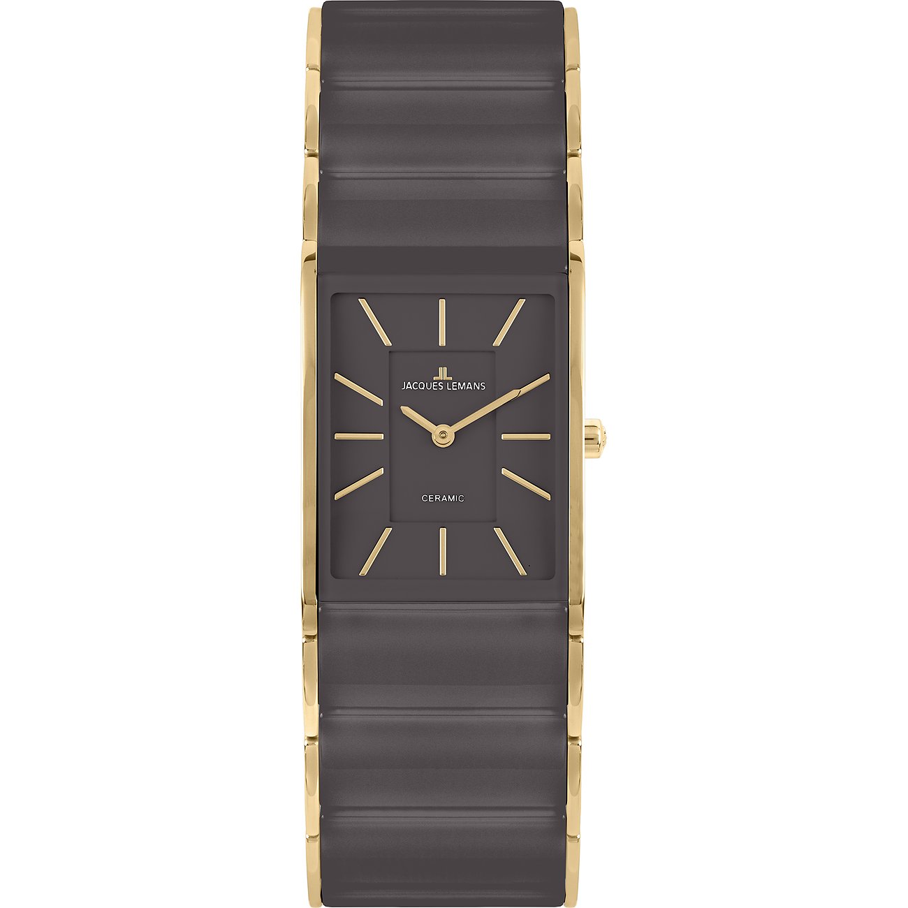 Jacques Lemans Damenuhr aus goldfarbenem Edelstahl mit dunkelgrauem Keramikarmband und rechteckigem Zifferblatt.