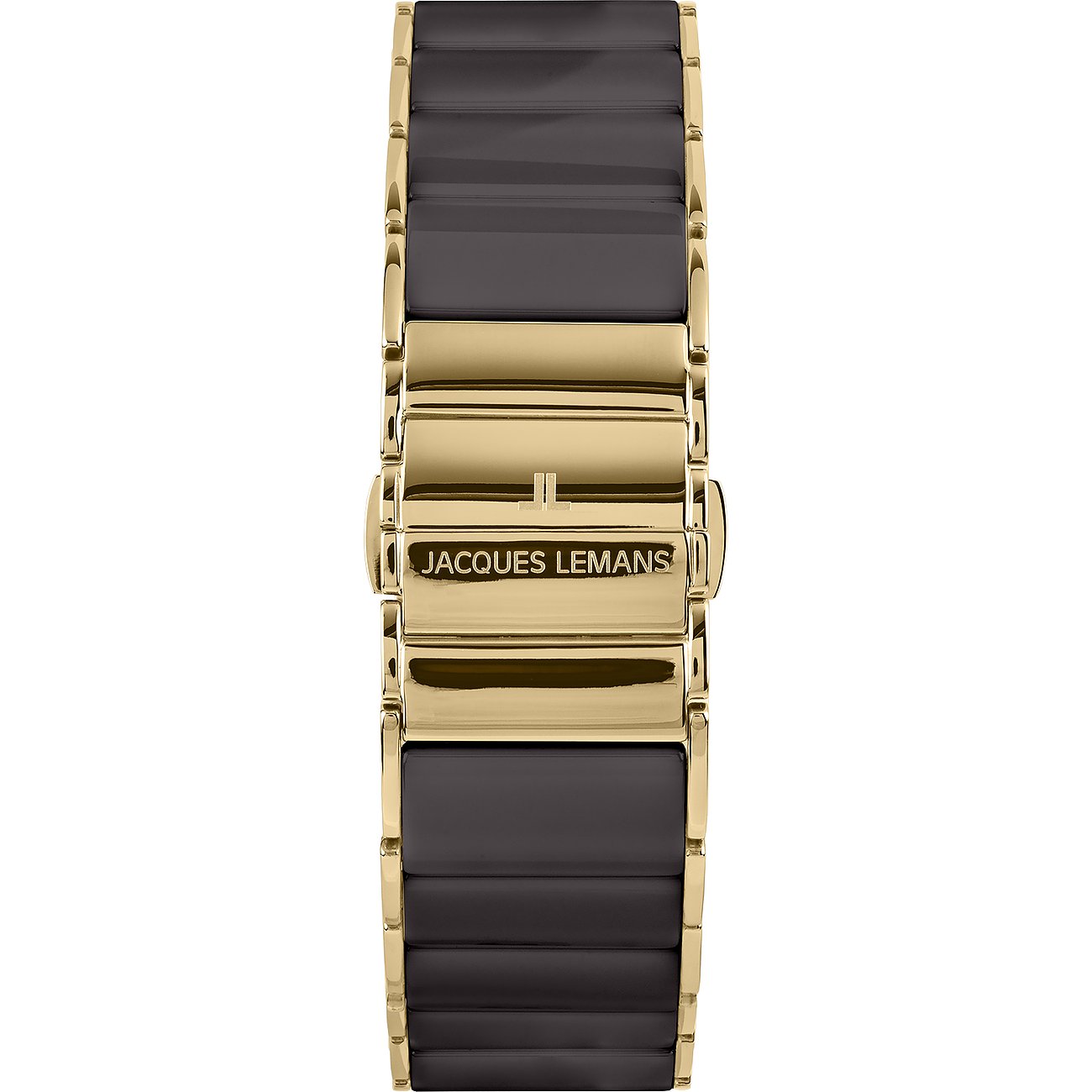 Jacques Lemans Damenuhren-Armband aus goldfarbenem Edelstahl und schwarzem Material mit Markenprägung auf der Schließe.