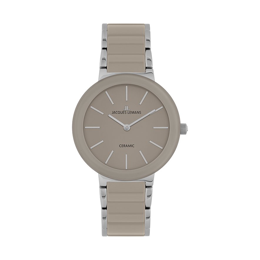 Jacques Lemans Damenuhr aus Edelstahl mit rundem, beigefarbenem Zifferblatt und passendem beigefarbenem Gliederarmband.
