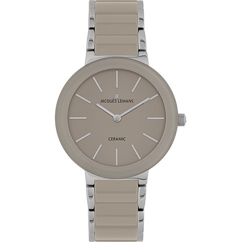 Jacques Lemans dameshorloge van edelstaal met een ronde, beige wijzerplaat en bijpassende beige schakelarmband.
