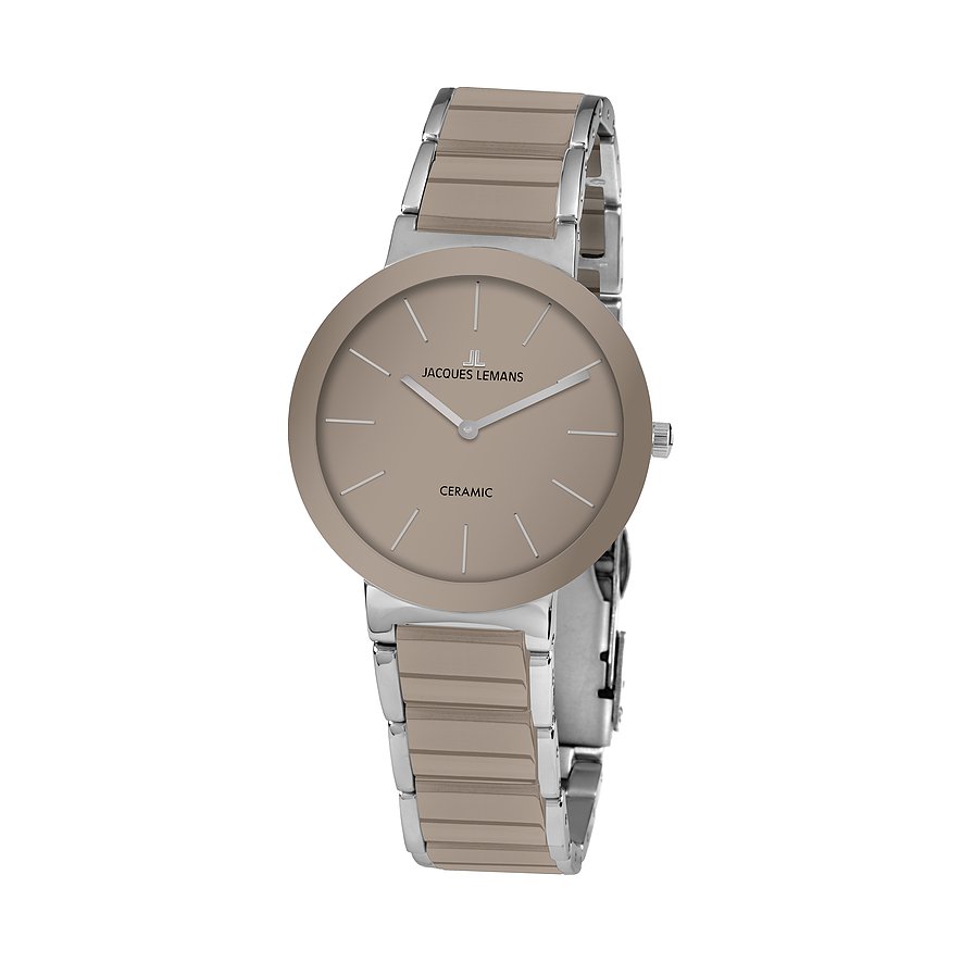 Jacques Lemans Damenuhr aus Edelstahl mit rundem, beigefarbenem Zifferblatt und passendem beigen Gliederarmband.