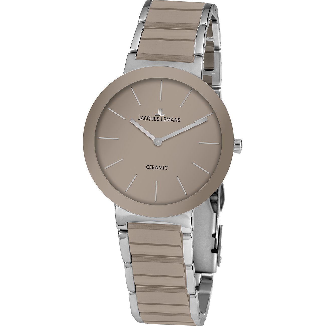 Jacques Lemans Damenuhr aus Edelstahl mit rundem, beigefarbenem Zifferblatt und passendem beigen Gliederarmband.