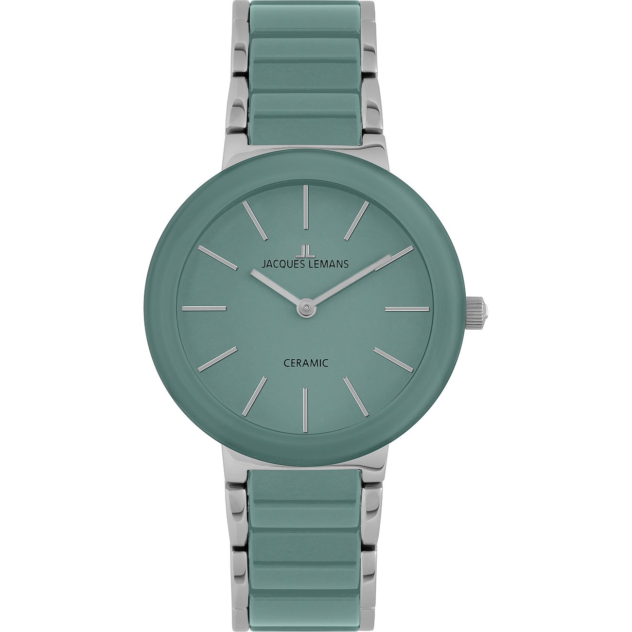 Jacques Lemans Damenuhr aus Edelstahl mit mintfarbenem Zifferblatt und Armband in Mintgrün und Silber.