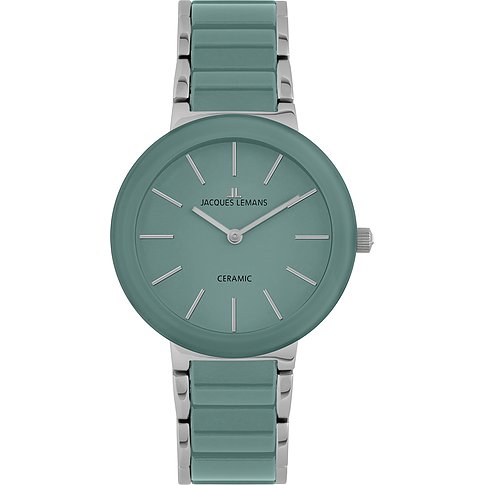 Jacques Lemans dameshorloge van edelstaal met mintgroene wijzerplaat en mintgroene en zilveren band.